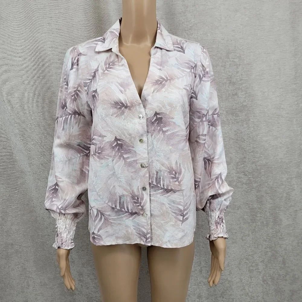 Cloth & Stone Women's Linen Rayon Tropical Leaf Print Button Up Blouse NEW